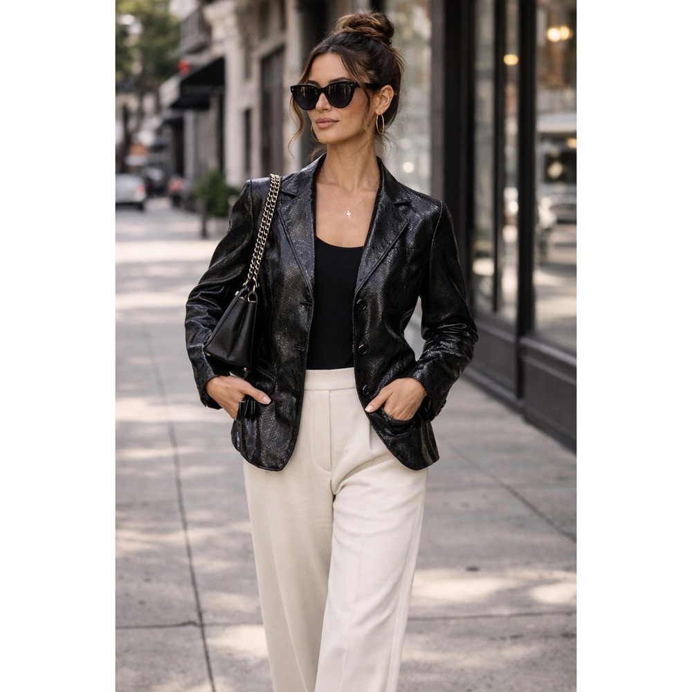 Lafayette 148 New York Black Leather Blazer Jacket | Tailored | Luxe Minimalist
